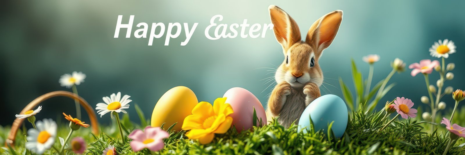Cute bunny celebrating Easter with colorful eggs amidst flowers in a vibrant spring meadow